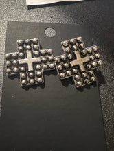 Load image into Gallery viewer, Studded Silvertone Cross Earrings

